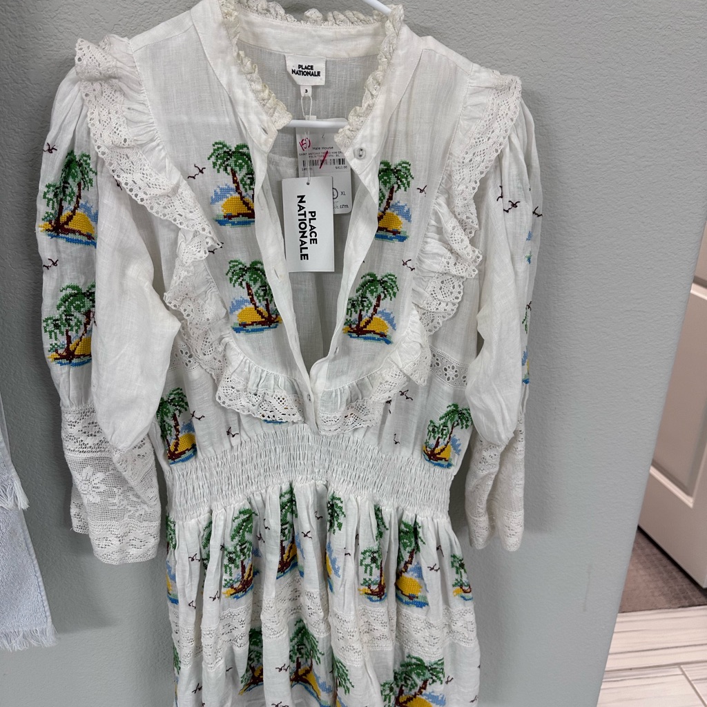 Place Nationale White Embroidered Mini Dress With Tropical Motif